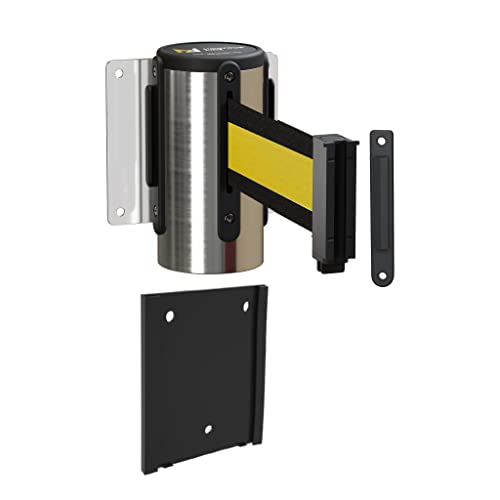 Montour Line WM115 Wall Mounted Retractable Belt Barrier with Standard Belt End, Removable Mount, Polished Stainless Steel Casing (8.5 ft Black with Yellow Horizontal Stripe Belt) - color: Black with Yellow Horizontal Stripe, size: 8.5 ft