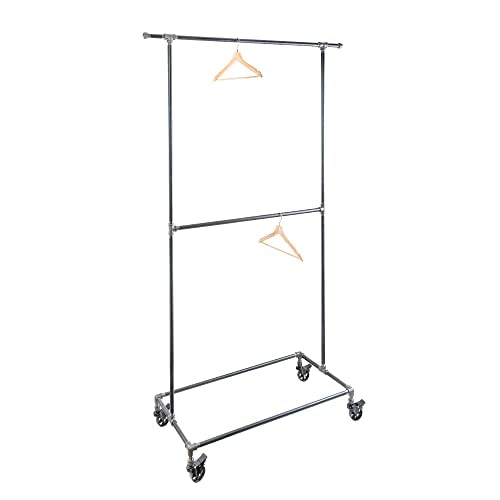 PIPE DECOR 39” x 20 ¼” x 82” Rolling Steel Pipe Double Rod Clothing Rack, Commercial or Residential Industrial Clothes Display, Heavy Duty Black Steel Metal Wheeled Garment Frame - size: 39 in. x 82 in.