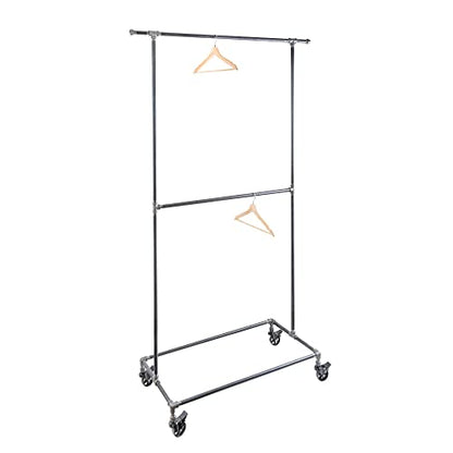 PIPE DECOR 39” x 20 ¼” x 82” Rolling Steel Pipe Double Rod Clothing Rack, Commercial or Residential Industrial Clothes Display, Heavy Duty Black Steel Metal Wheeled Garment Frame - size: 39 in. x 82 in.