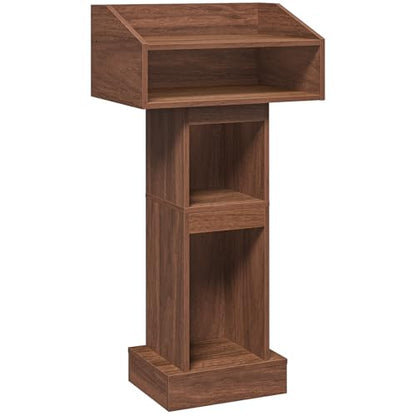 MAHANCRIS Podium Stand, Lectern with 4-Tier Storage, Pulpit with Reinforced Base for Church, Laptop Desk for Classroom, Office, Meeting Room, Easy Assembly, Walnut LPWA5801