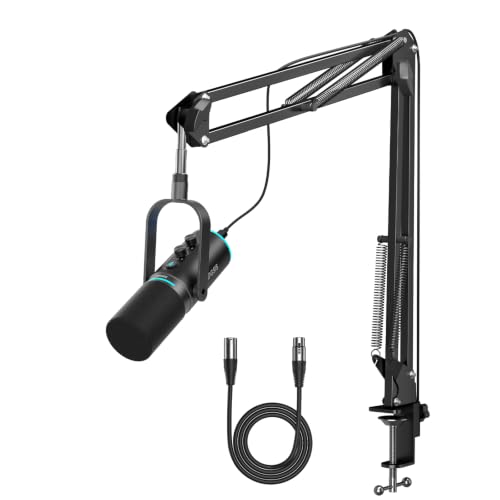 XLR/USB Dynamic Podcast Microphone for Streaming/Recording/Gaming | Mute Button, Reverb Effects, Noise Cancellation, RGB Light Boom Arm Stand, Headphones Jack,SNR>85dB - size: With Boom Arm