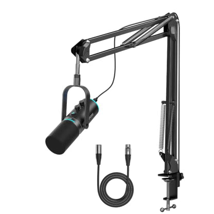 XLR/USB Dynamic Podcast Microphone for Streaming/Recording/Gaming | Mute Button, Reverb Effects, Noise Cancellation, RGB Light Boom Arm Stand, Headphones Jack,SNR>85dB - size: With Boom Arm