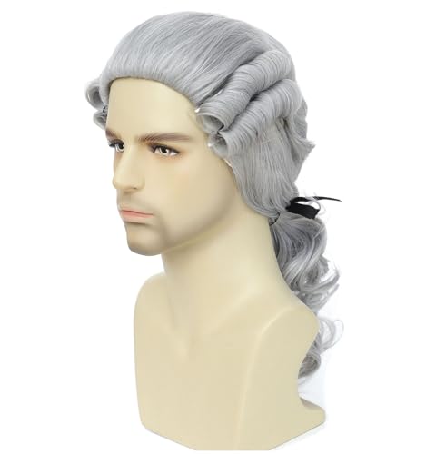 ByouByou Men's Colonial Judge Wig,18th Century Washington Wig, Historical Barrister Cosplay Wig for Halloween Christmas Party (Dark Gray) - color: Dark Gray