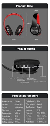 Hybrid Noise Cancelling Headphones, Wireless Bluetooth Over-Ear, Black with Color Accents, Built-in Mic, HiFi Stereo Sound, Foldable Design- Headset (Red) - color: Red