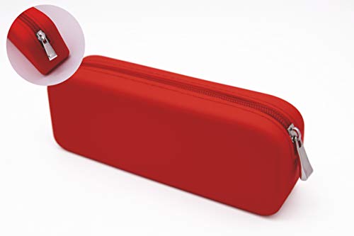 Silicone Pen Pencil Bag case with Zipper, Water Leak Resistant,Toiletry Essentials Holder, Cosmetic Pouch Organizer Drop kit for Personal Items,School,Gift,Kid,Teen, Student, Red