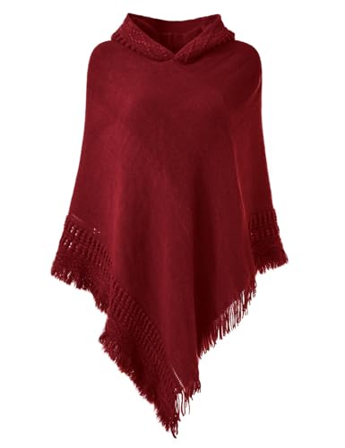 Ferand Women's Witchy Hooded Knit Poncho with Fringe | Witch Cape, Gothic Cloak with Crochet Details for Fall Halloween Boho Style - color: Burgundy