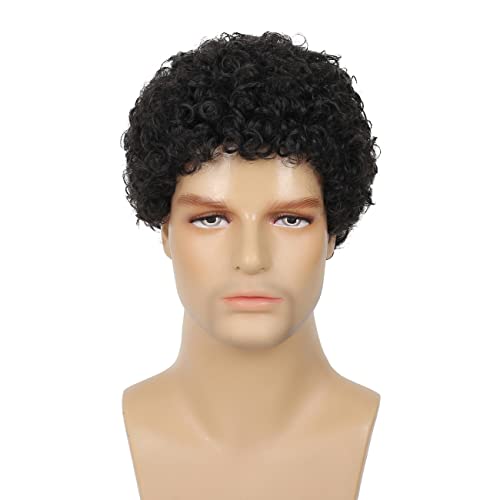 Swiking Mens Curly Afro Wigs Short Black Wig for Male Guy Rocker Wig California Halloween Cosplay Costume Full Wigs（Black） - color: Black