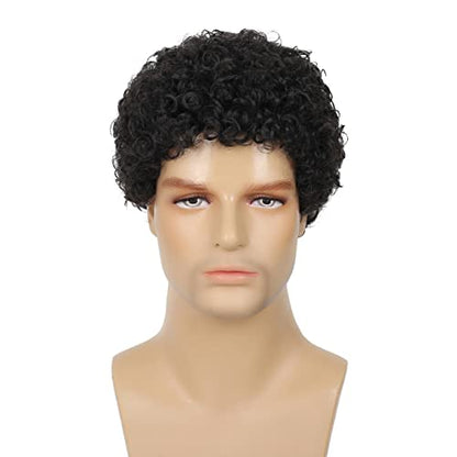 Swiking Mens Curly Afro Wigs Short Black Wig for Male Guy Rocker Wig California Halloween Cosplay Costume Full Wigs（Black） - color: Black