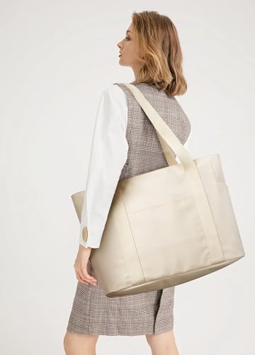 WLLWOO Large Tote Bag, 14” Laptop Work Travel Bag with Trolley Sleeve | Multi Pocket Water Splash Zipper Shoulder Handbag for Women Daily Nurse Gym Commute - color: Beige
