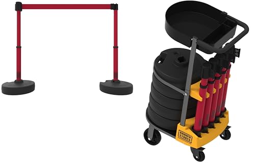 PL4000-RT Plus 75 ft Belt Barrier w/Cart Package & Tray | Mobile System, 5 Telescoping Stanchions, 15 ft Red Blank Retractable Banners, Accessory Tray - style: Red