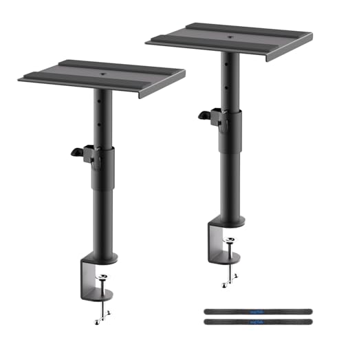 suptek Clamp-on Speaker Stand Desk Mount Set, Height Adjustment, Swivel, 9.6 x 8.8 inch Trays, Universal Audio Holders for Bookshelf Speakers, Elevated Sound, 2 Pack, Black, SDM001G - size: Fixed Speaker Stands