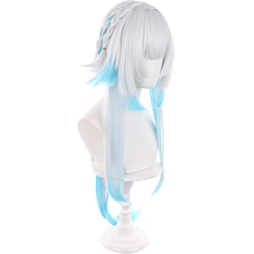 Anime White Gradient Blue Wigs with Bangs Women Long Straight Wig with Braids and Ponytail Cery Adult COS Game Empress Wigs Halloween,Christmas,Comic con,Game Show,Party - color: Blue White Gradient