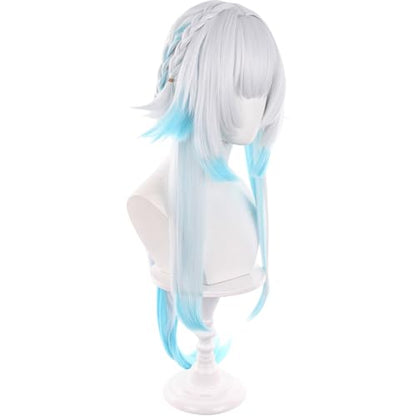 Anime White Gradient Blue Wigs with Bangs Women Long Straight Wig with Braids and Ponytail Cery Adult COS Game Empress Wigs Halloween,Christmas,Comic con,Game Show,Party - color: Blue White Gradient