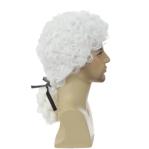 ByouByou Colonial Wig, Curly Lawyer Wig with Black Ribbon, Synthetic Hair Wig, Ideal for Halloween Costumes, Historical Cosplay & Themed Partiesy (white) - color: Male-White