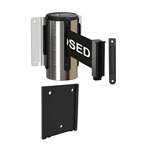 Montour Line WM115 Wall Mounted Retractable Belt Barrier with Standard Belt End, Removable Mount, Polished Stainless Steel Casing (8.5 ft Black with"This LINE Closed" White Letters Belt) - color: Black with "THIS LINE CLOSED" White Letters, size: 8.5 ft
