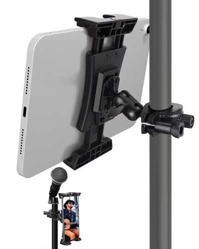 Tablet Holder for Mic Stand, iPad Holder Stand Adjustable Micophone Music Stand Mount Rotatable Phone Holder Compatible with iPad Pro Air Mini iPhone, All Smartphone 4-13.5 inch