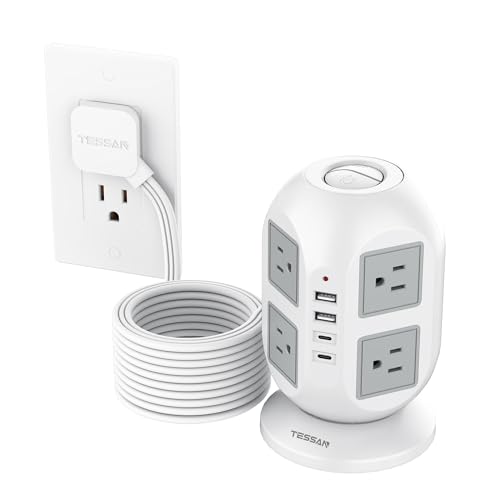 TESSAN Tower Surge Protector Power Strip, 10 ft Long Flat Extension Cord | 8 AC Outlets with 4 USB Ports (2 USB C), Charging Station with Surge Protection, for Home Office Dorm Room Essentials - color: Grey, size: 10 Feet(4 USB Ports, 2 USB-C)