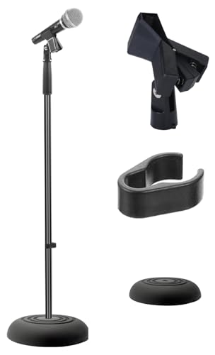Pyle Adjustable Height Microphone Stand, 36.2" - 63.7” Inches Universal Mic Holder, Compact Design, Sturdy and Lightweight, Ideal for Studio and Concerts, With Mic Clip, Rubber Base (Black)