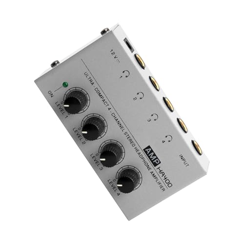 Headphone Amplifier, HA400 4-Channel Metal Stereo Audio Amplifier, Mini Earphone Splitter W/DC 12V Power Adapter, for Sound Mixer PC Guitar Studio Stage (Gray) - style: HA400 Gray