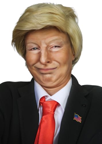 ALLAURA 3pc Donald Costume Kit – Blonde Wig, Red Tie, Flag Pin – Compatible with Pres Donald Wig Halloween Costume for Adults, Couples, Cosplay, Political Events, Parody Outfits, Toupee Wig Look - color: 1-Blonde