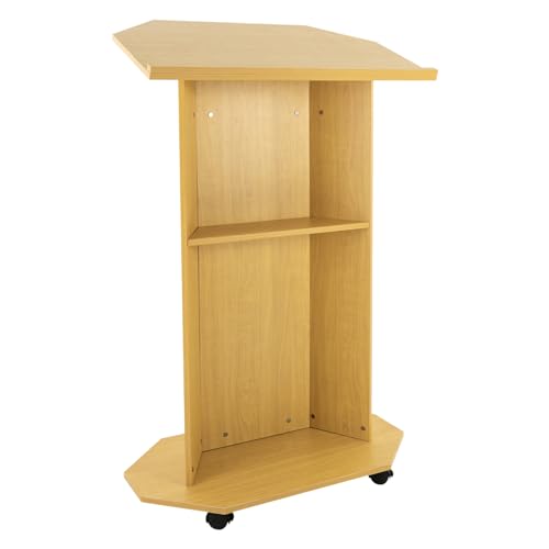 Mobile Lectern Podium Stand with Locking Wheels & Tilted Top, 46" Height, 30"x17.5" Oak Finish Desktop, 66 lbs Capacity, Rolling Presentation Stand for Church, Classroom & Office