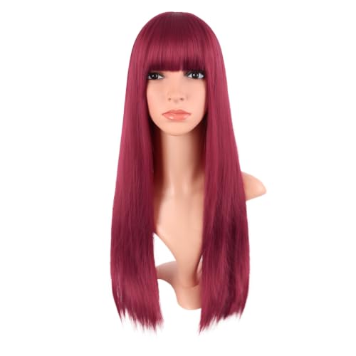 MapofBeauty 24 Inch Long Straight Flat Bangs Party Cosplay Wig, Blood Red | 60 cm Synthetic Hair Wig, Heat Resistant, Women - color: Blood red