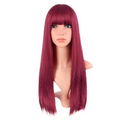MapofBeauty 24 Inch Long Straight Flat Bangs Party Cosplay Wig, Blood Red | 60 cm Synthetic Hair Wig, Heat Resistant, Women - color: Blood red