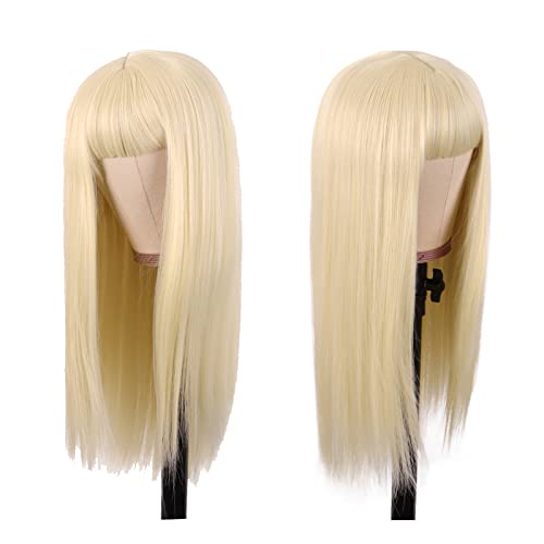 MapofBeauty 24 Inch Long Straight Flat Bangs Party Cosplay Wig,Mixed Blonde | 60 cm Synthetic Hair Wig, Heat Resistant, Women - color: Mixed Blonde