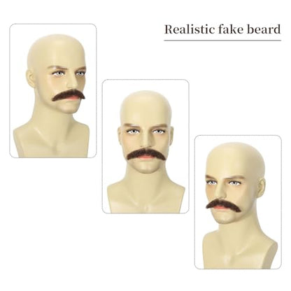 Parceria Human Hair Curly Fake Beard and Mustache, Natural Looking Costume Facial Hair, Realistic Mustache Trimmable and Customizable Beard Invisible Lace for Men (QSH Brown Beard) - color: QSH Brown Beard