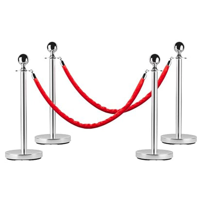 4PCS Stainless Steel Stanchion Post Queue, 5 ft Red Velvet Rope Red Carpet Ropes and Poles, Crowd Control Barriers with Sand Injection Hollow Base and Velvet Ropes Set for Party Supplies