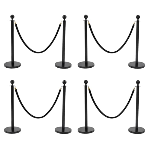 8 Pack Black Stainless Steel Stanchion Post with 4pcs 5FT Velvet Ropes, Red Carpet Ropes and Poles, Metal Crowd Control Barriers with Ball Top and Base for Events Hotels Museums
