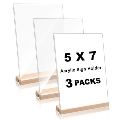Daletu Acrylic Sign Holder 5x7 with Wood Base | 3 Packs Acrylic Tabletop Display Stand, 2 in 1 Vertical or Slant Clear Plastic Sign Frame Holder for Flyer, Menu, Retail, Buffet, Vendor, Wedding, Party - size: 3PCS (5"x7"