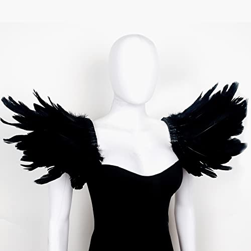 L'VOW Men Gothic Natural Real Feather Epaulet Shrug Shoulder Strap for Halloween Costume - Pack of 2 - color: Goose Black