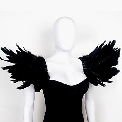 L'VOW Men Gothic Natural Real Feather Epaulet Shrug Shoulder Strap for Halloween Costume - Pack of 2 - color: Goose Black
