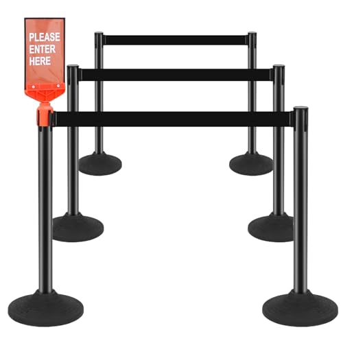 ECOSlGNS Commercial Crowd Control Stanchions with Retractable Belts - Black Stanchions with Heavy-Duty Base & Sign Holders line dividers for Airport, Theaters, Banks & Retail Stores (6 Pack) - color: Black- 6 Packs