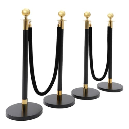 4Pcs Stainless Steel Stanchion Post with Ball Top, Crowd Control Barriers with 2 Pcs 5FT Black Velvet Carpet Ropes, Safety Barriers Set for Party (Gold+Black) - color: Gold+Black, size: 4PCS