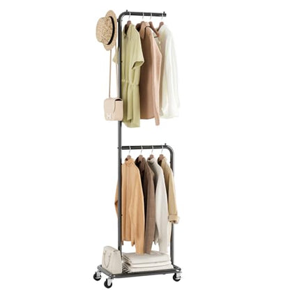 Small Rolling Clothing Rack with Shelf, Narrow Clothes Rack with Wheels | Gasvadivum 71" Tall Sturdy Metal Garment Rack with Hanging Rod, Freestanding Portable Coat Rack for Bedroom, Entryway, Black - color: Black