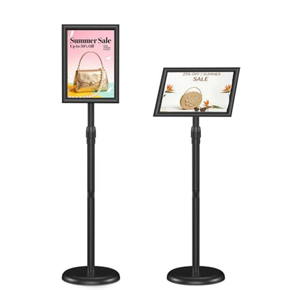 QISHENG - 2 Pack Sign Holder Stand, 8.5x11" Adjustable Floor-Standing Poster Sign Stand, 360°Rotation Aluminum Snap-Open Frame Display for Commercial Malls / Schools / Restaurants Advertising, Outdoor&Indoor