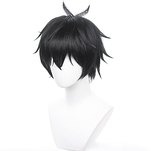 Anime Black Short Wigs with Bangs Men Short Straight Wig Layered Haircut Wig Game Dragon Lunae Cosplay Wigs Halloween,Christmas,Comic con,Game Show,Party - color: Black Green