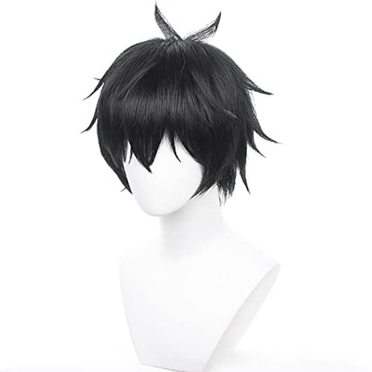 Anime Black Short Wigs with Bangs Men Short Straight Wig Layered Haircut Wig Game Dragon Lunae Cosplay Wigs Halloween,Christmas,Comic con,Game Show,Party - color: Black Green