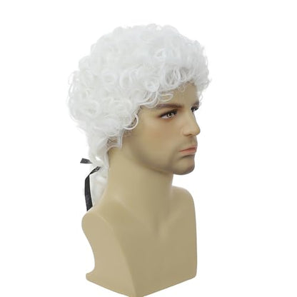ByouByou Colonial Wig, Curly Lawyer Wig with Black Ribbon, Synthetic Hair Wig, Ideal for Halloween Costumes, Historical Cosplay & Themed Partiesy (white) - color: Male-White