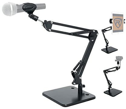 Rockville iSTAND 75 Desktop Boom Arm Mic/iPhone/iPad/Webcam Stand, Black | Steel Weighted Base, 360-Degree Swivel, Condenser Mic Compatible, 5/8" Threading, Podcasting/Studio, Phone/Tablet Holder