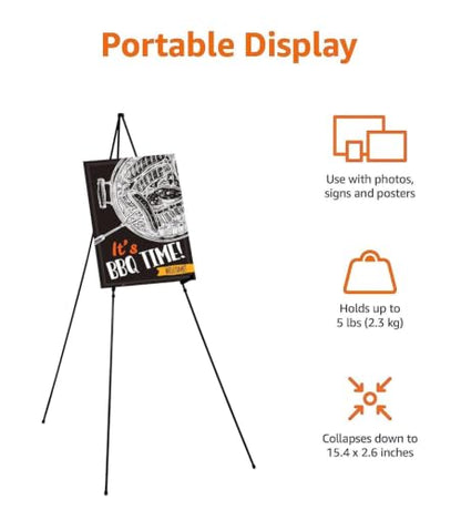 Amazon Basics Easel Display Stand, Instant Floor Poster, Lightweight, Collapsible and Portable with Tripod Base, Black Steel (Supports 5 pounds) (Pack of 2) - size: 39.17"D x 43.5"W x 60.83"H (Pack of 2)