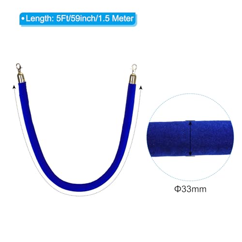 PATIKIL 5 Feet Blue Velvet Stanchion Rope, Crowd Control Barrier Rope with Snap Hooks for Posts Stand Queue Divider of Hotel Theater, Golden - color: Blue, size: 5 Feet