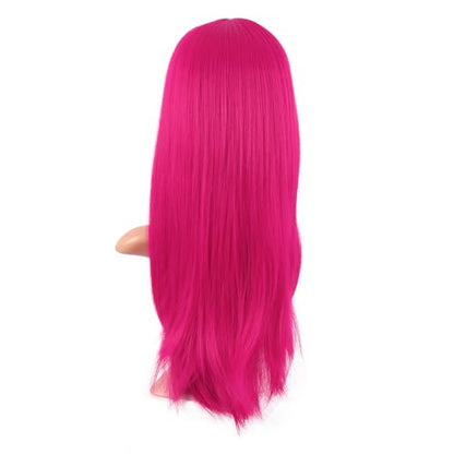 MapofBeauty 24 Inch Long Straight Flat Bangs Party Cosplay Wig, Hot Pink | 60 cm Synthetic Hair Wig, Heat Resistant, Women - color: Hot Pink