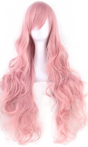 IMISSU 80cm Long Curly Natural Hair Wig with Bangs Colorful Halloween Costume Party Wigs for Women (Pink) - color: Pink