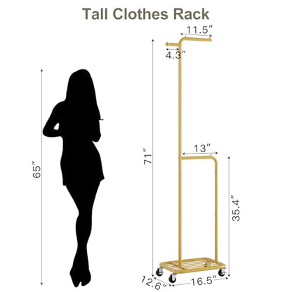 Small Rolling Clothing Rack with Shelf,Narrow Gold Clothes Rack with Wheels | Gasvadivum 71" Tall Sturdy Metal Garment Rack with Hanging Rod, Freestanding Portable Coat Rack for Bedroom, Entryway - color: Gold