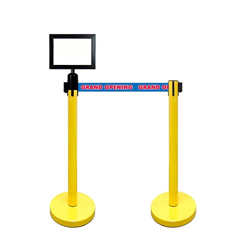 Retractable Stanchion, 6 SPECIALTY Posts + Signframe, 36" Ht, 78" Special Event & Holiday Theme Belt + Bonus Replacement Cassettes + Wall Receiver (YEL Post/Grand Opening Belt) - color: Yel Post/ Grand Opening Belt