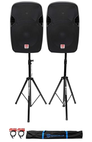 Rockville SPGN124 12" Passive DJ PA Speaker Pair Bundle with Tripod Stands | 1200W Peak / 300W RMS Each, 4-Ohm, 40Hz-20KHz, RVSS2 Speaker Stands, 2 20-Foot 1/4" to Speakon Cables, 3-Items
