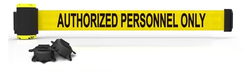 Banner Stakes MH7013 Magnetic Wall Mount 7 ft Retractable Belt Barrier | Yellow "Authorized Personnel Only" Banner for Crowd Control, Includes 2 Suction Cups for Multi-Surface Mounting - size: 7', style: Yellow: Authorized Personnel Only